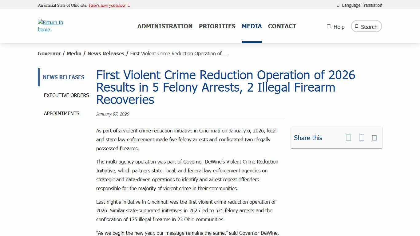 First Violent Crime Reduction Operation of 2026 Results in 5 Felony Arrests, 2 Illegal Firearm Recoveries Governor Mike DeWine